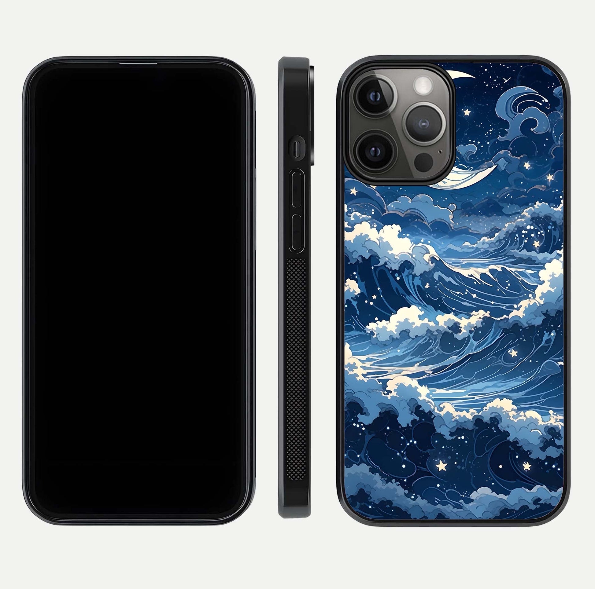 Ocean Moon Waves Glass Case for iPhone 12 Pro Max front & back layout highlighting water flow and smooth edges