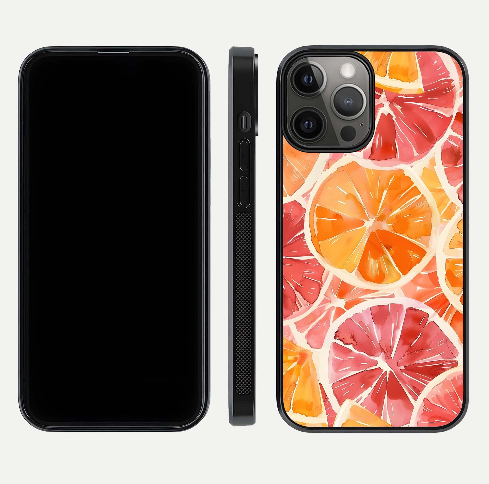 Orange Fruits Pattern Glass Case for iPhone 12 Pro Max front & back layout highlighting bright colors and clean edges