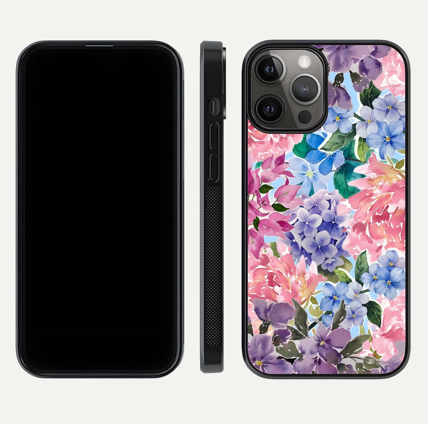 Pastel Floral Mix Glass Case for iPhone 12 Pro Max front & back layout showing gentle tones and elegant edges