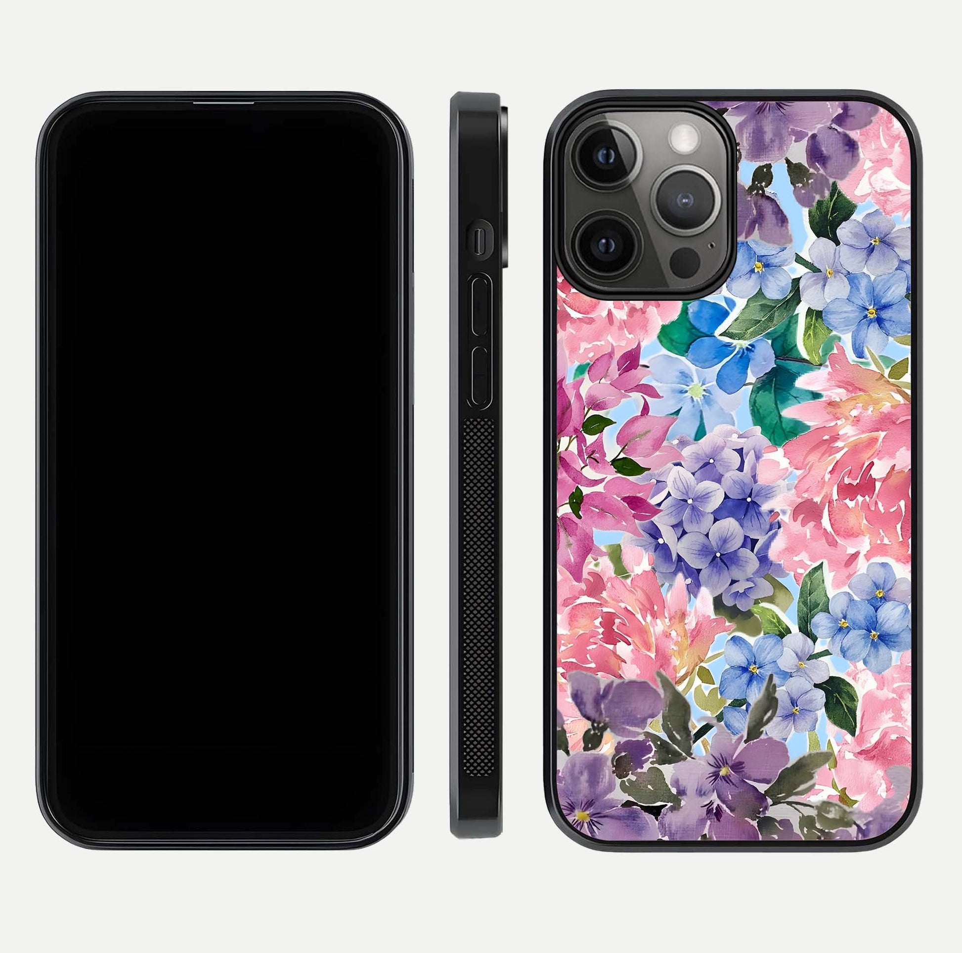 Pastel Floral Mix Glass Case for iPhone 12 Pro Max front & back layout showing gentle tones and elegant edges