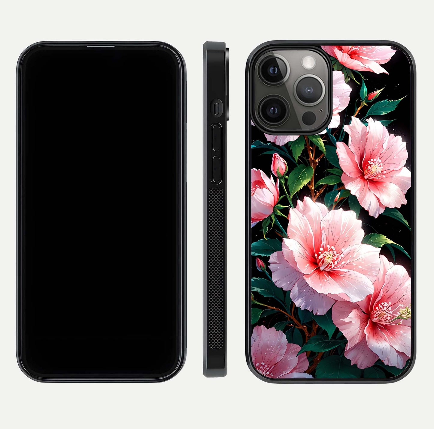 Peach Flower Glass Case for iPhone 12 Pro Max front & back layout showing elegant floral tones and smooth edges