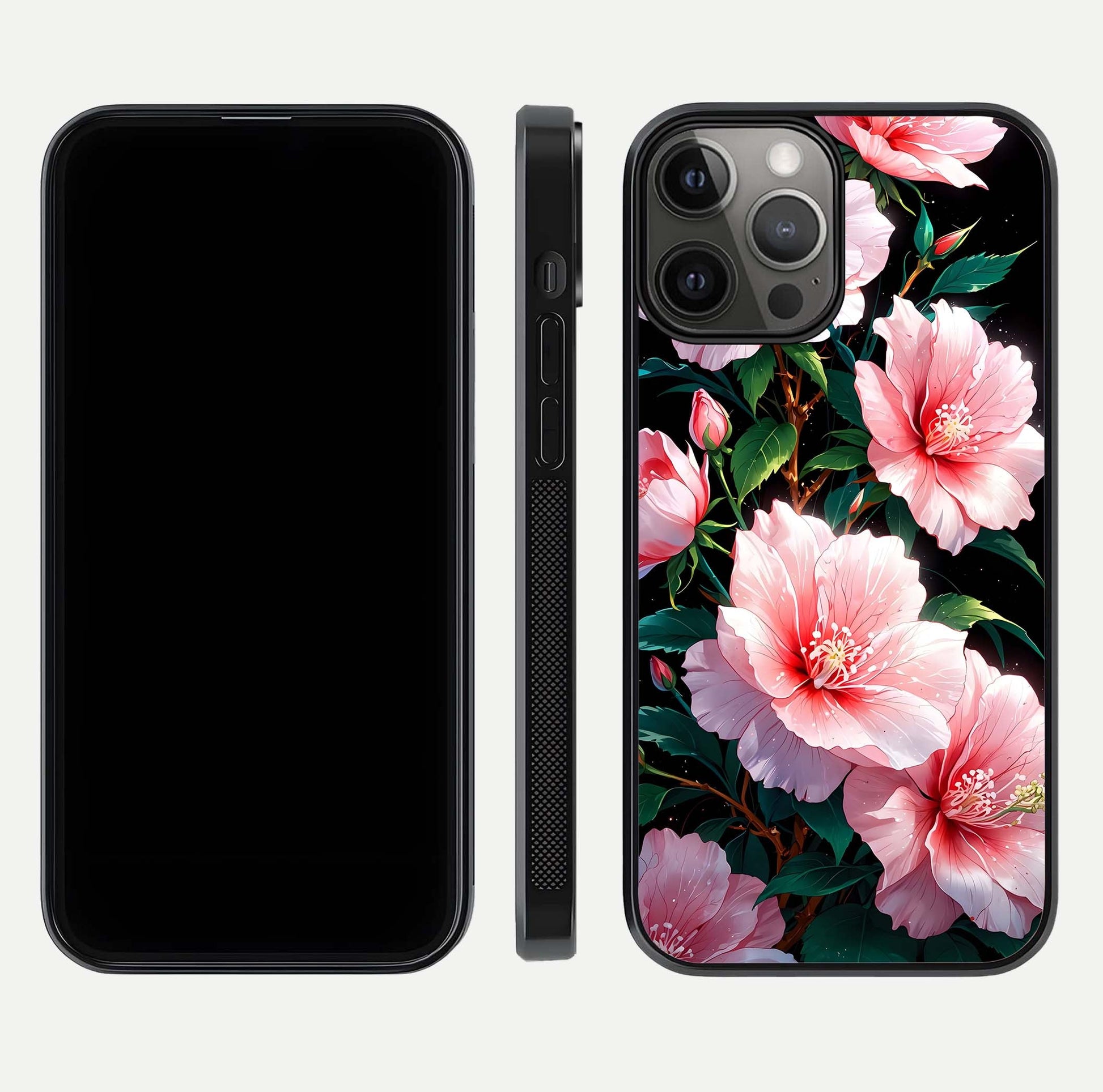 Peach Flower Glass Case for iPhone 12 Pro Max front & back layout showing elegant floral tones and smooth edges