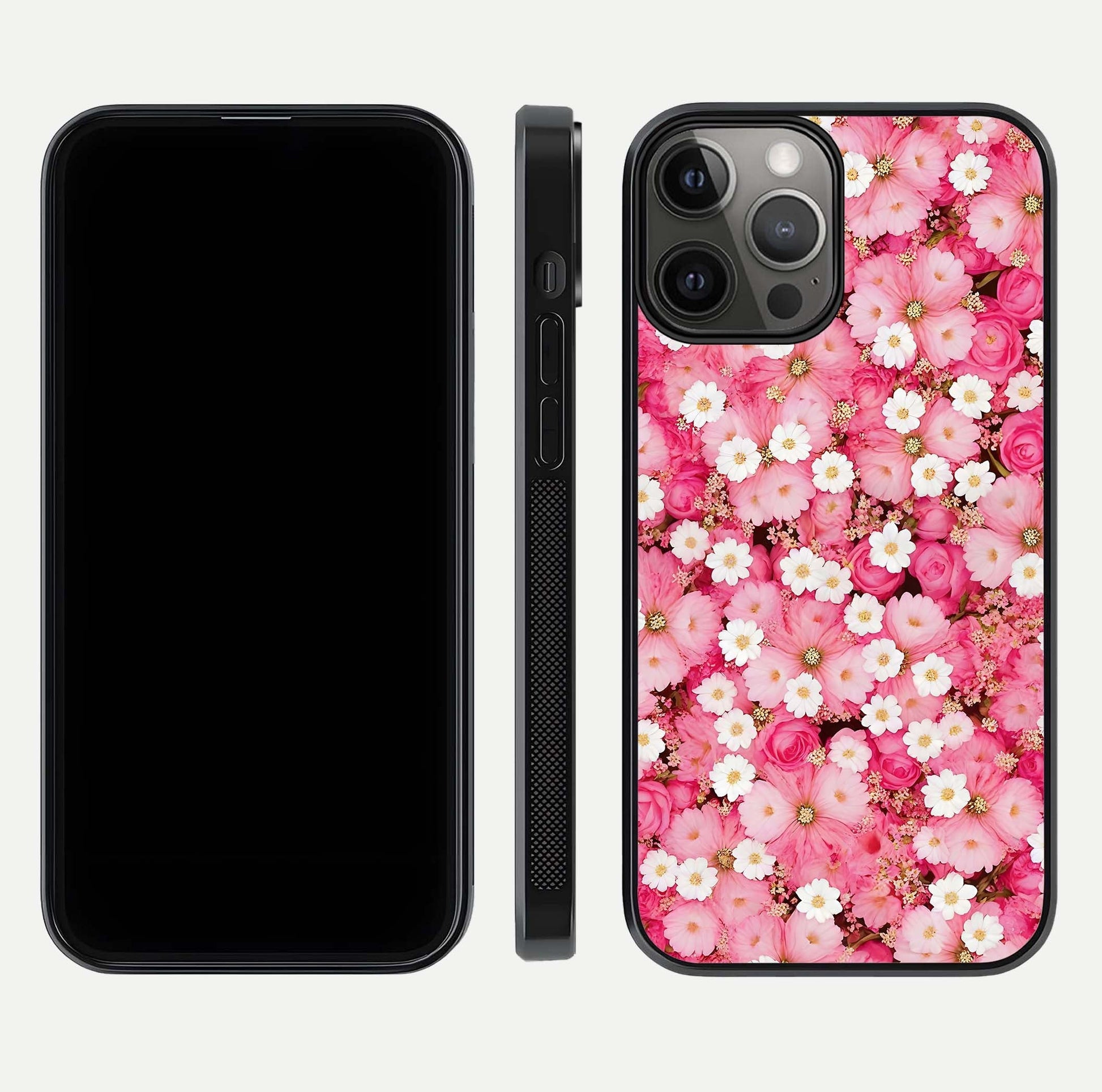 Pink Daisy Bliss Glass Case for iPhone 12 Pro Max front & back layout showing HD floral tones and edge finish