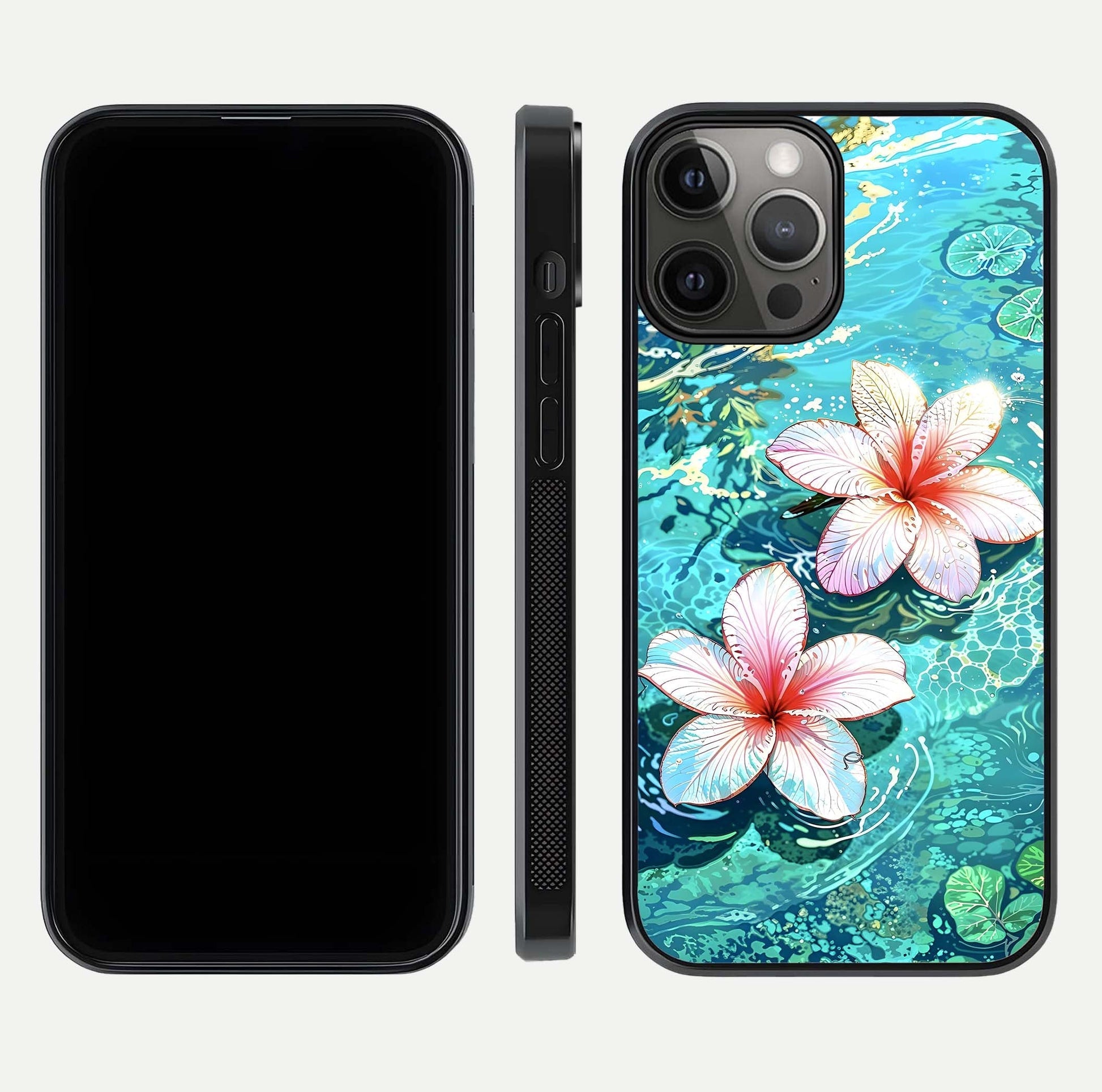Pink Flowers in Water Glass Case for iPhone 12 Pro Max front & back layout showing elegant pastel floral tones