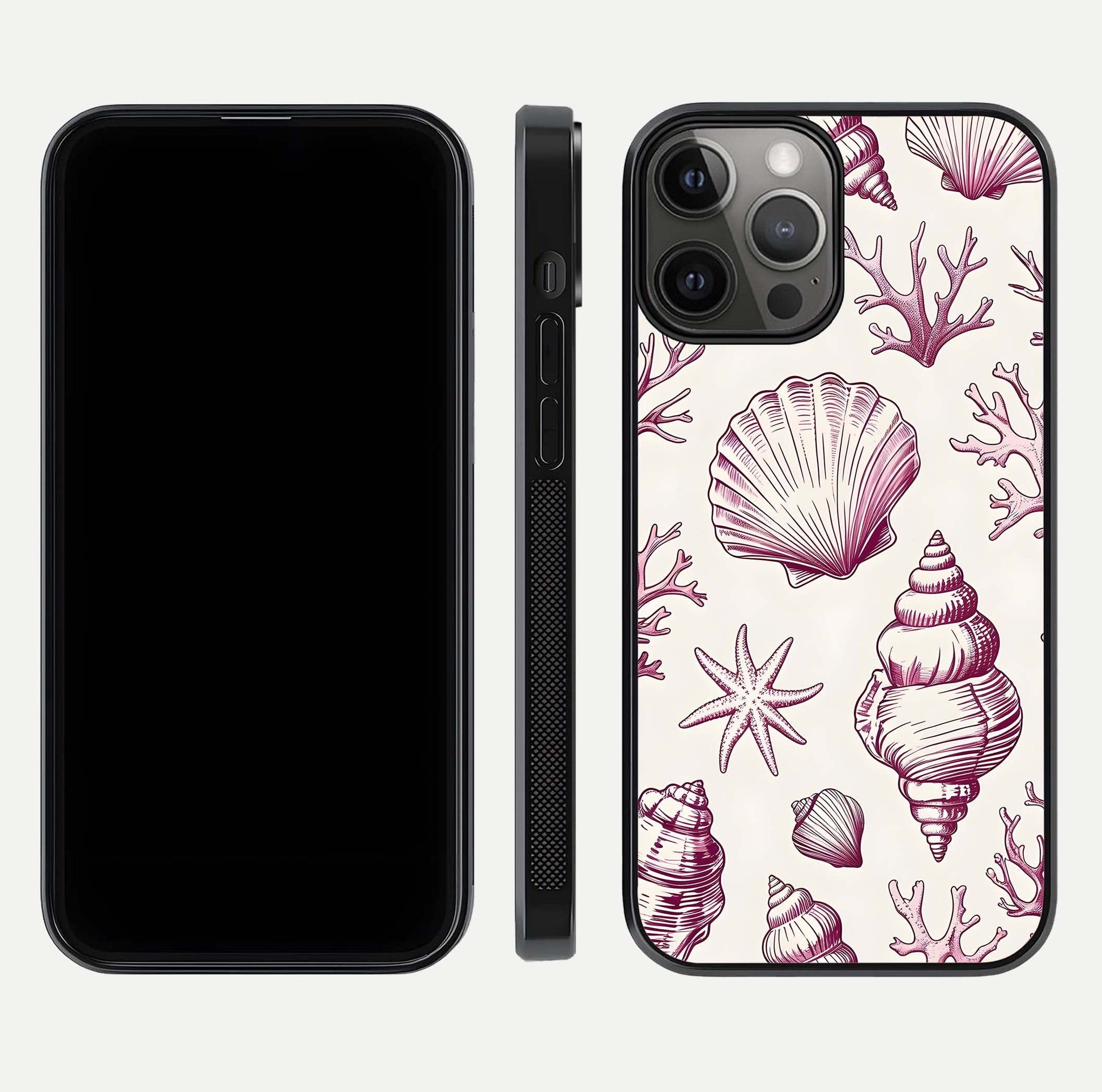 Pink Shells Outline Glass Case for iPhone 12 Pro Max front & back layout showing soft pastel tones and edge design