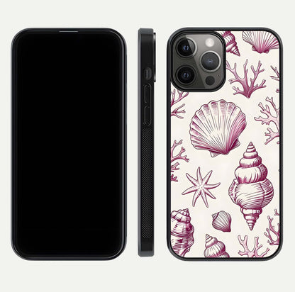 Pink Shells Outline Glass Case for iPhone 12 Pro Max front & back layout showing soft pastel tones and edge design