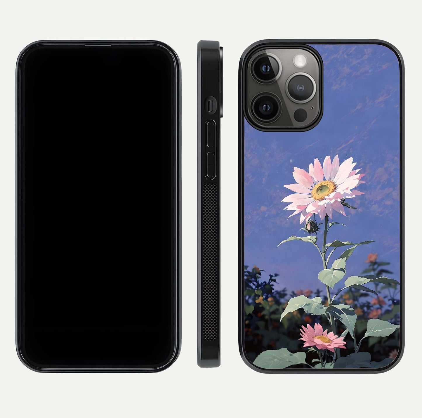 Pink Sunflower Glow Glass Case for iPhone 12 Pro Max front & back layout showing HD tones and bright finish