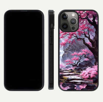 Pinkish Scenery Glass Case for iPhone 12 Pro Max front & back layout showing landscape art and curved edge finish