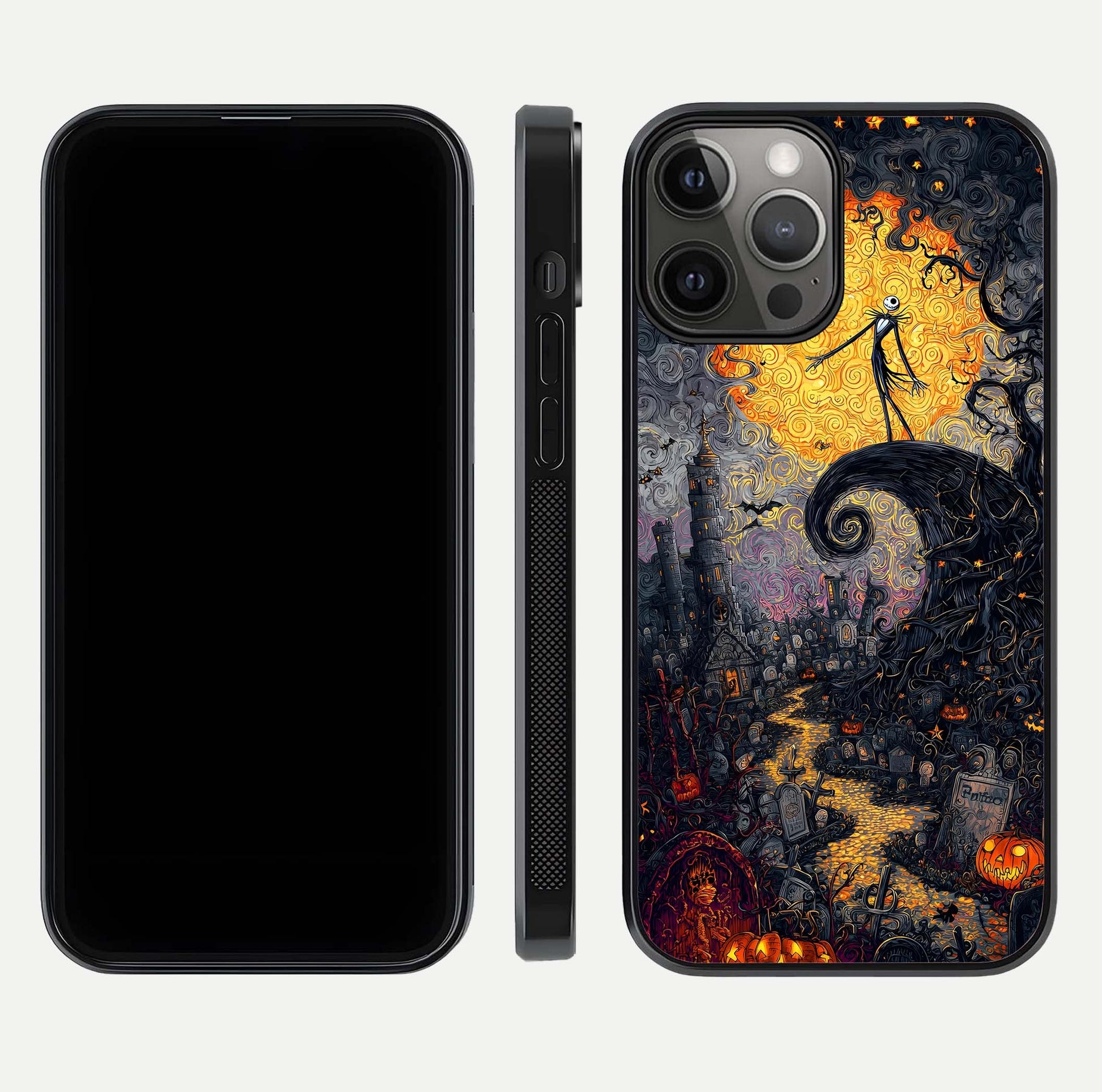 Pumpkin Moon Night Glass Case for iPhone 12 Pro Max front & back layout highlighting festive tones and smooth edges