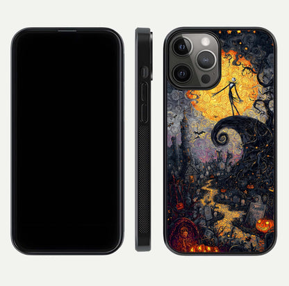 Pumpkin Moon Night Glass Case for iPhone 12 Pro Max front & back layout highlighting festive tones and smooth edges