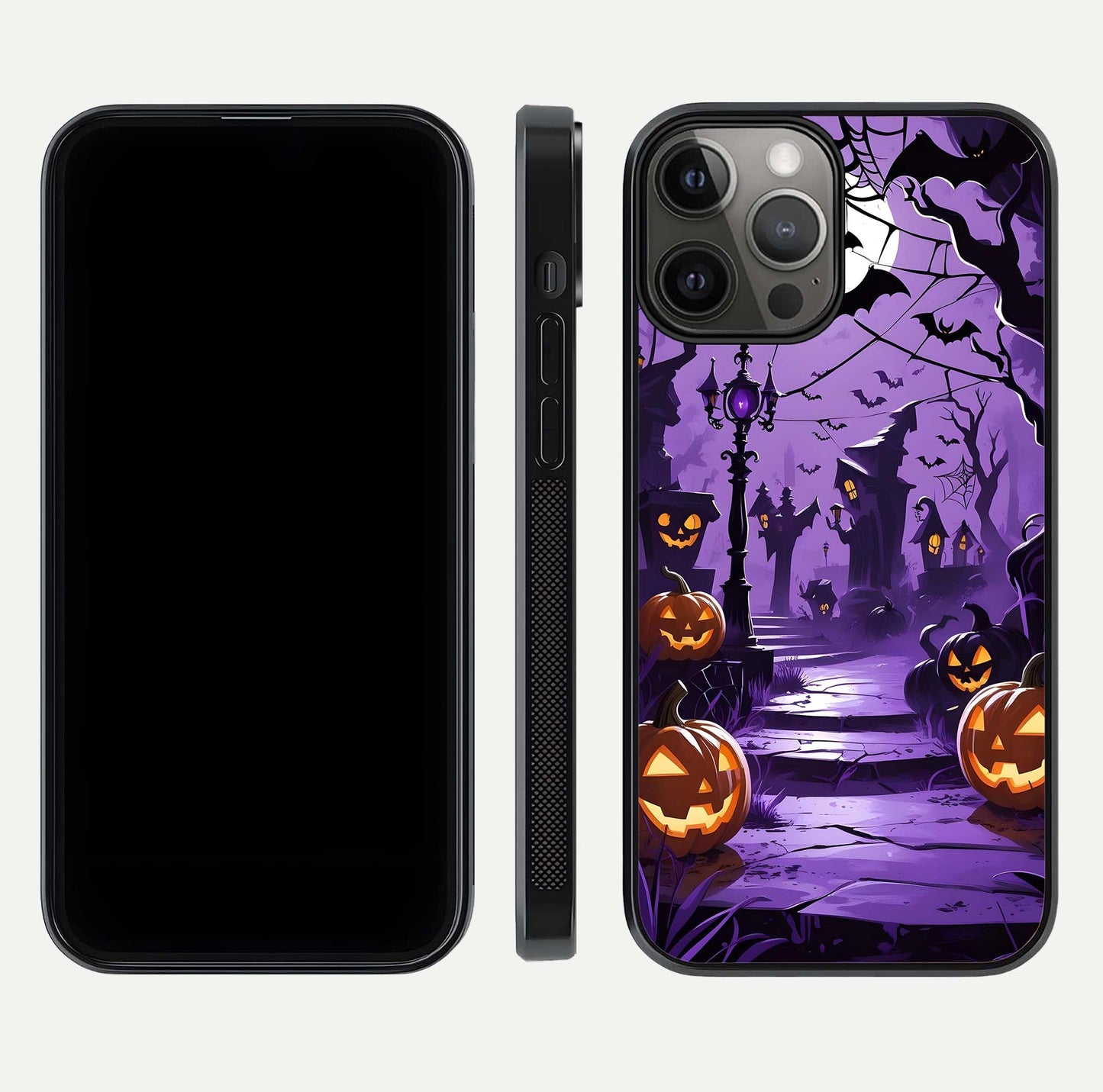 Pumpkin Patch Halloween Glass Case for iPhone 12 Pro Max front & back layout showing festive Halloween print