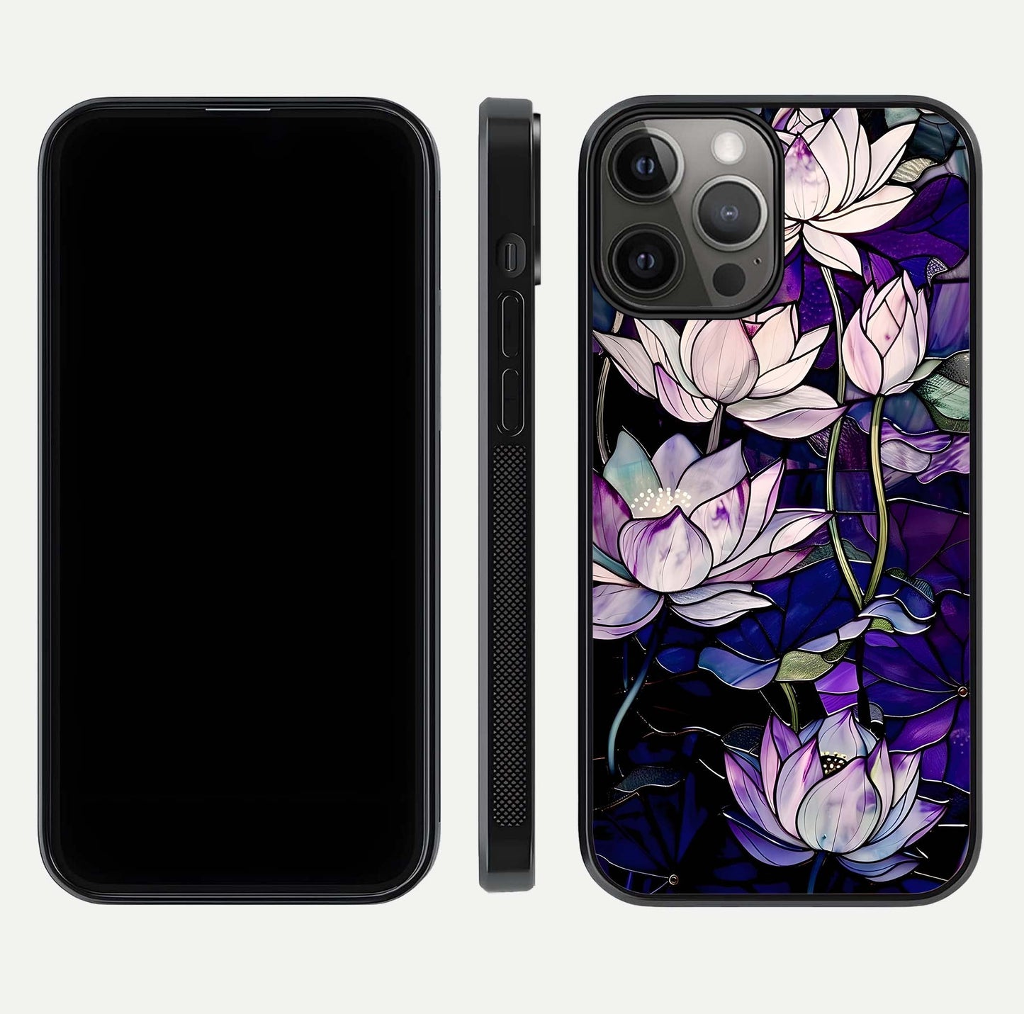 Purple Lotus Pattern Glass Case for iPhone 12 Pro Max front & back layout highlighting floral tones and soft edges