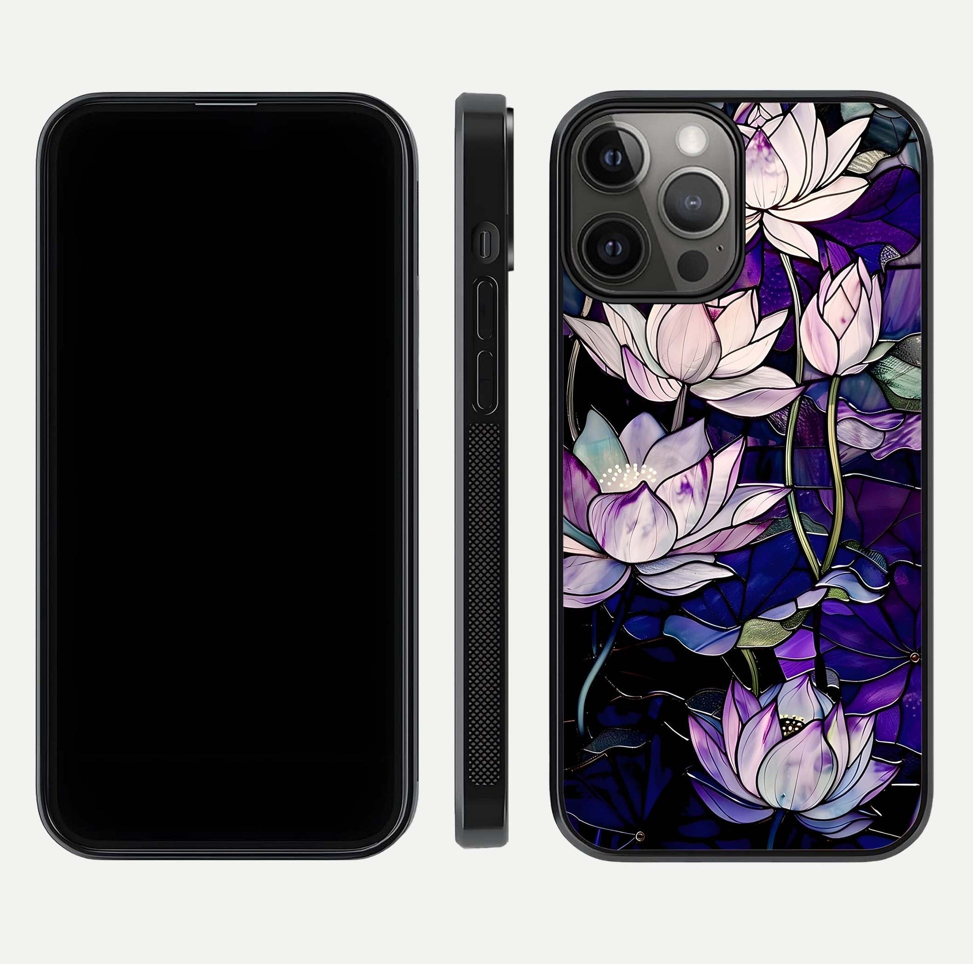 Purple Lotus Pattern Glass Case for iPhone 12 Pro Max front & back layout highlighting floral tones and soft edges