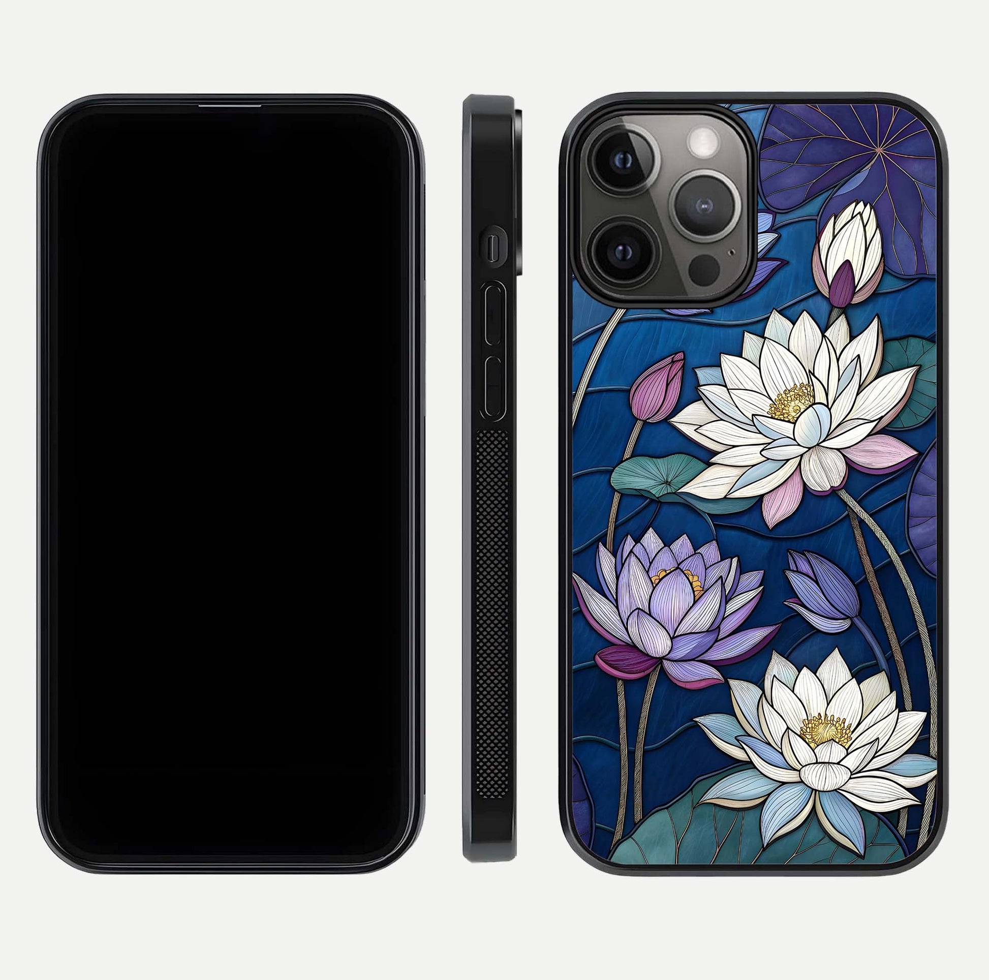 Purple Lotus Stained Glass Case for iPhone 12 Pro Max front & back layout showing bright tones and smooth edge finish