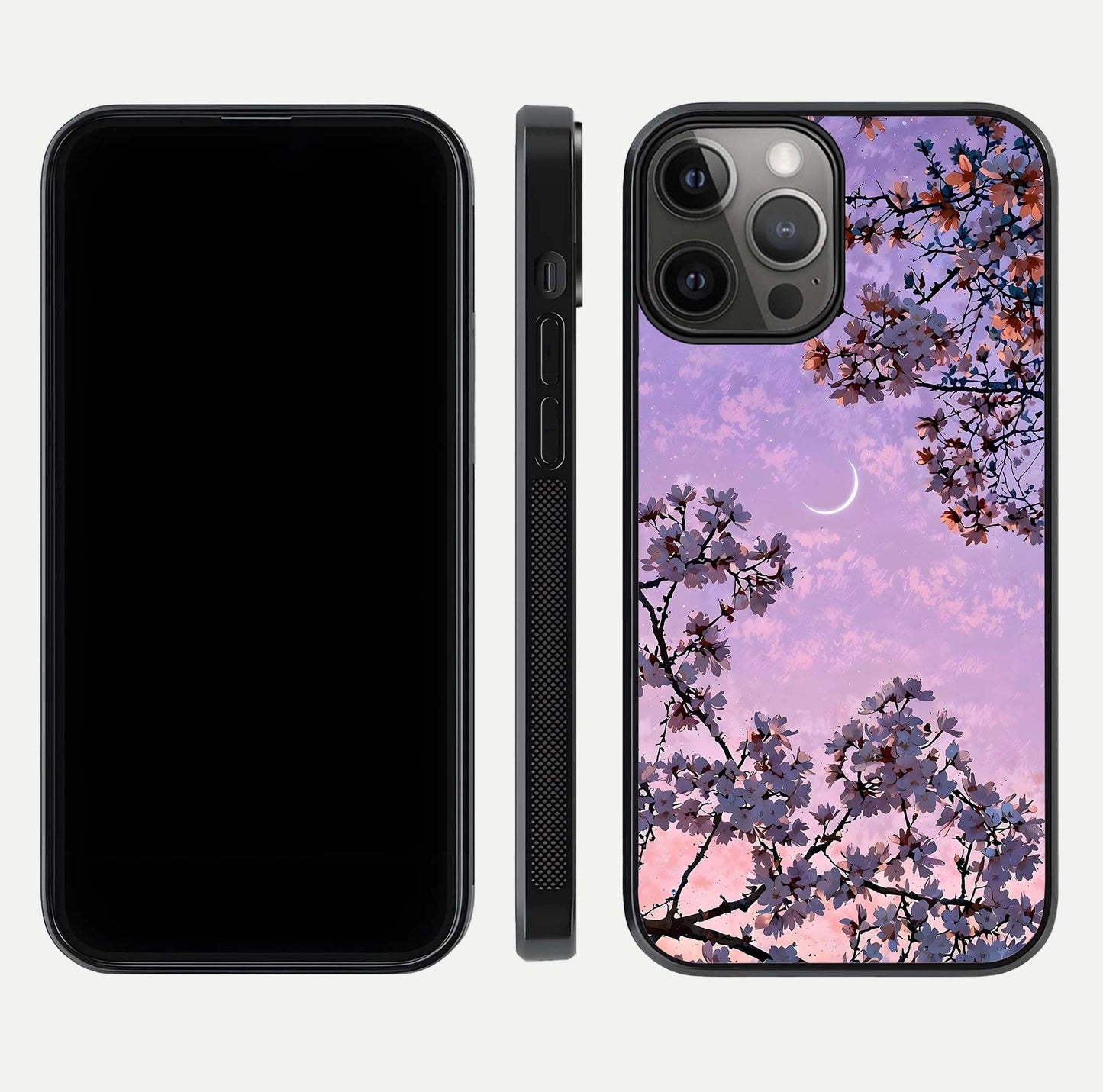 Purple Serenity Moon Glass Case for iPhone 12 Pro Max front & back layout highlighting celestial tones and curves