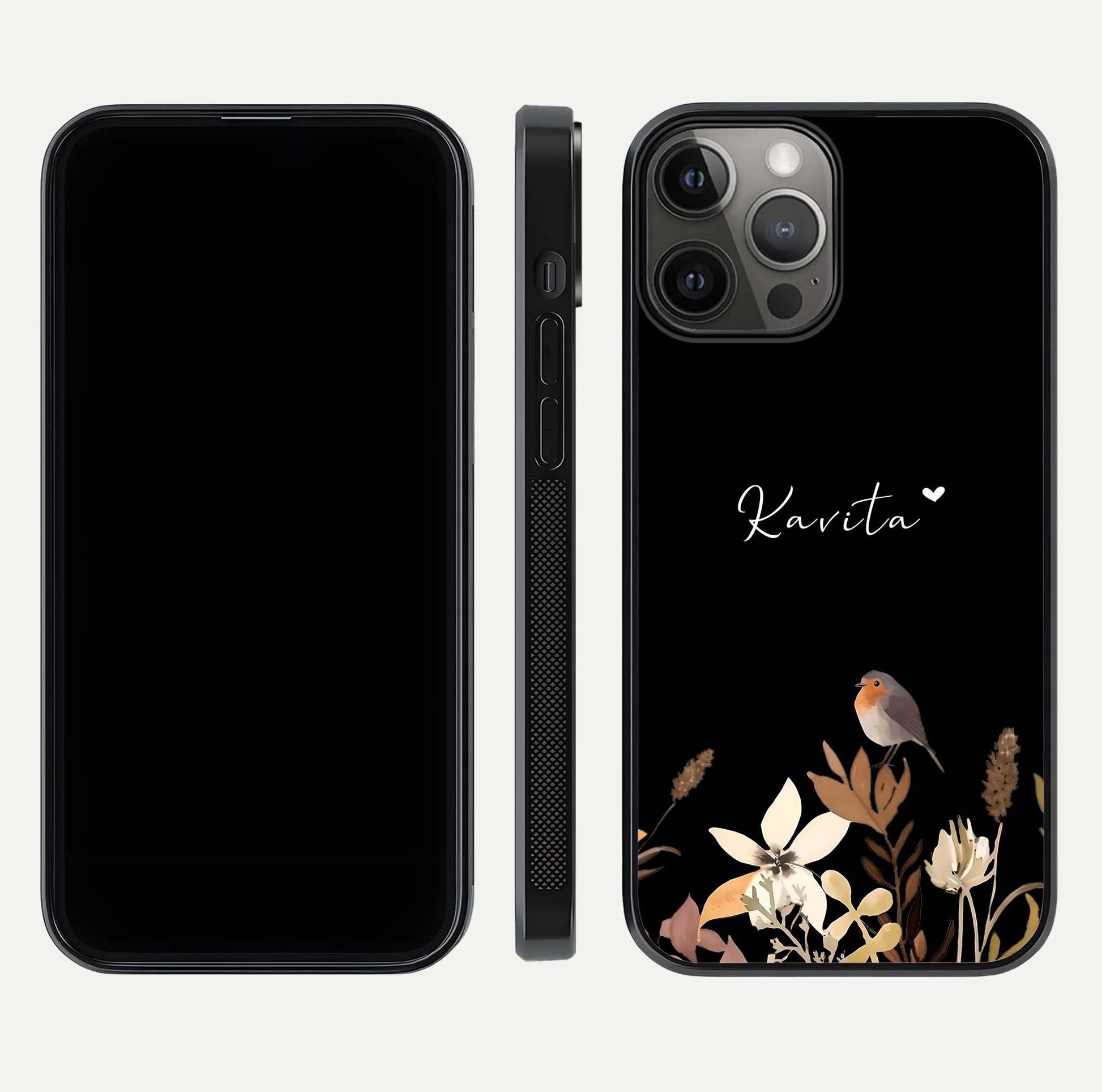 Quiet Garden Tune Custom Name Glass Case for iPhone 12 Pro Max front & back layout highlighting name area and edges