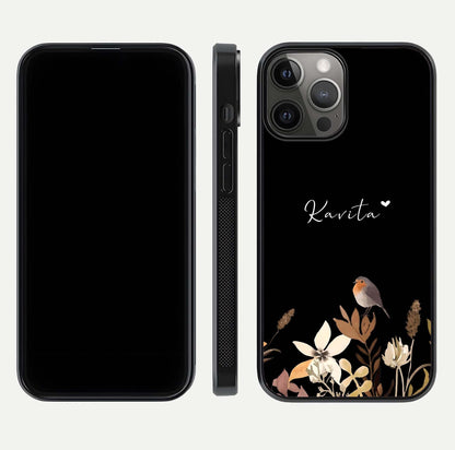 Quiet Garden Tune Custom Name Glass Case for iPhone 12 Pro Max front & back layout highlighting name area and edges