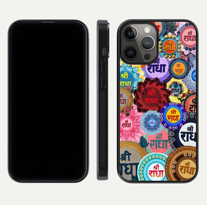 Radha Divine Bloom Glass Case for iPhone 12 Pro Max front & back layout showing spiritual tones and elegant edges