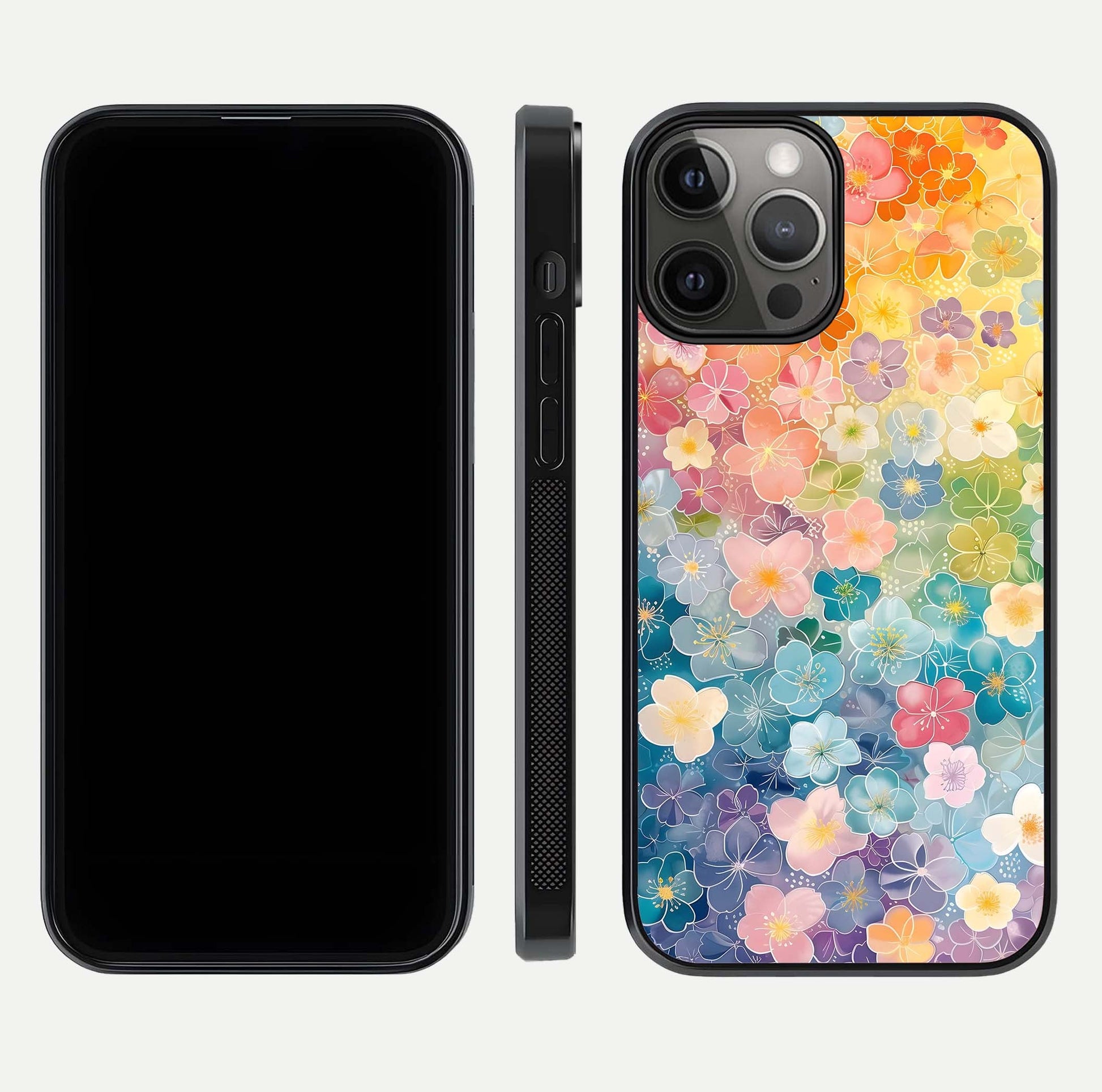 Rainbow Blossom Burst Glass Case for iPhone 12 Pro Max front & back layout showing bright tones and edge finish