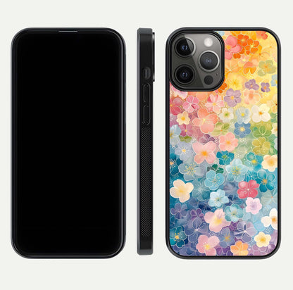 Rainbow Blossom Burst Glass Case for iPhone 12 Pro Max front & back layout showing bright tones and edge finish