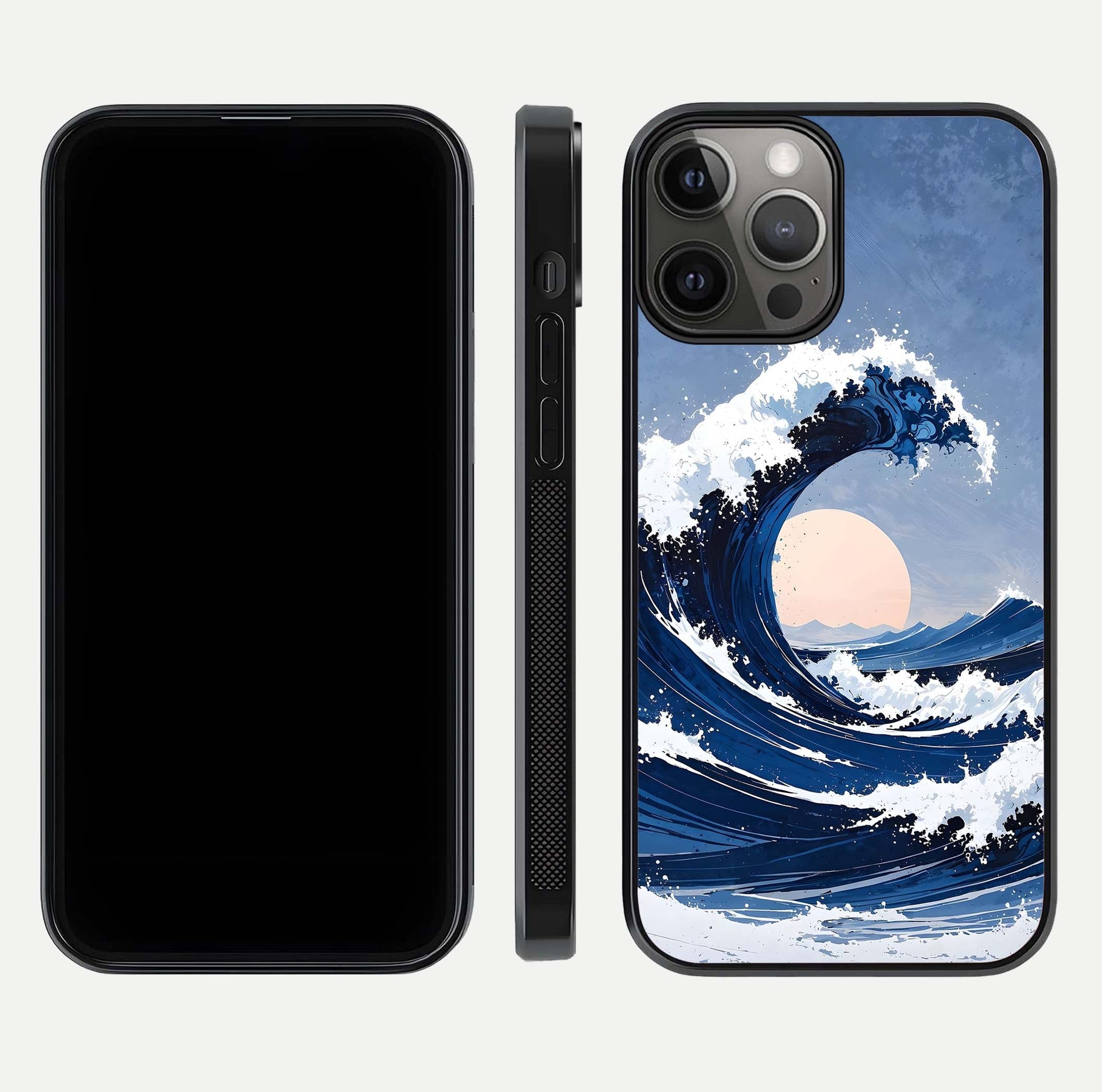 Rising Tide Power Glass Case for iPhone 12 Pro Max front & back layout showing ocean design and smooth glass edge