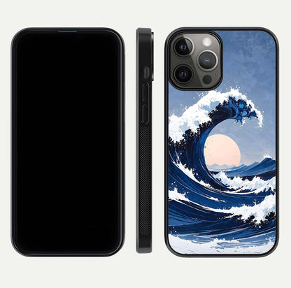 Rising Tide Power Glass Case for iPhone 12 Pro Max front & back layout showing ocean design and smooth glass edge