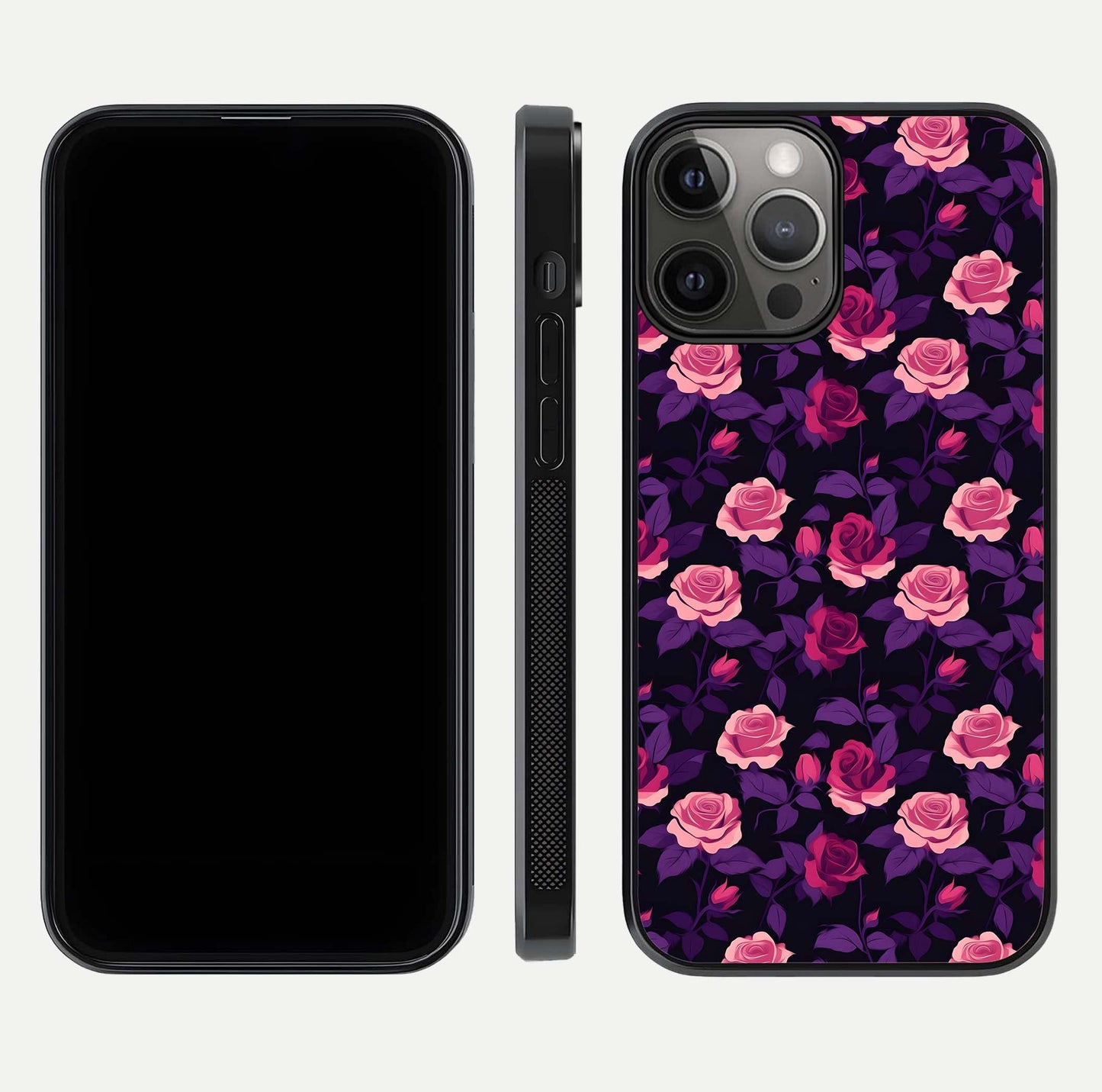 Rose Garden Twilight Glass Case for iPhone 12 Pro Max front & back layout showing rich twilight tones and edges