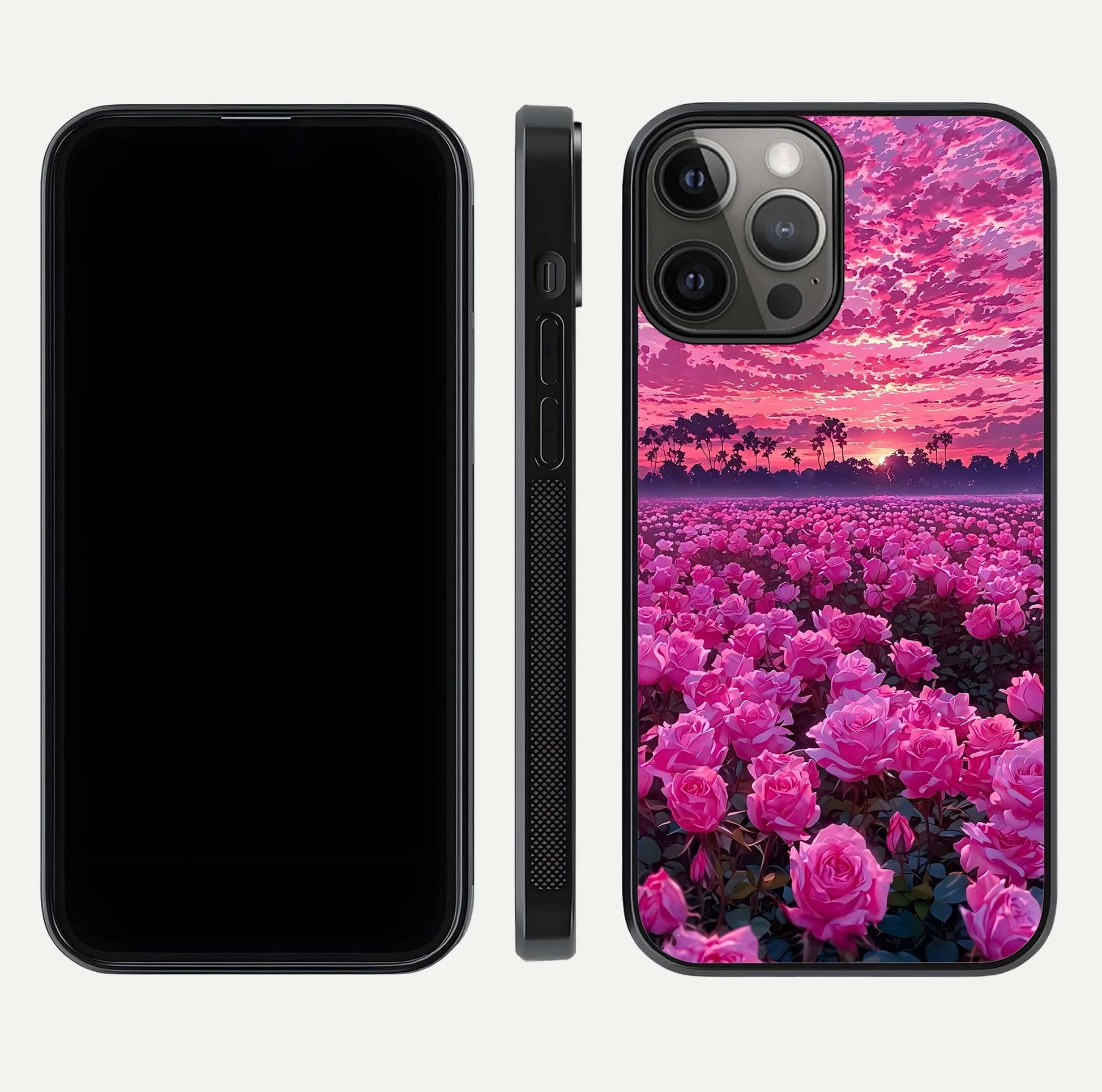 Rose Sunset Valley Glass Case for iPhone 12 Pro Max front & back layout highlighting gradient tones and glass shine