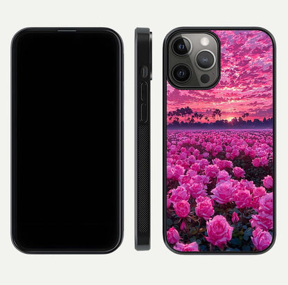 Rose Sunset Valley Glass Case for iPhone 12 Pro Max front & back layout highlighting gradient tones and glass shine