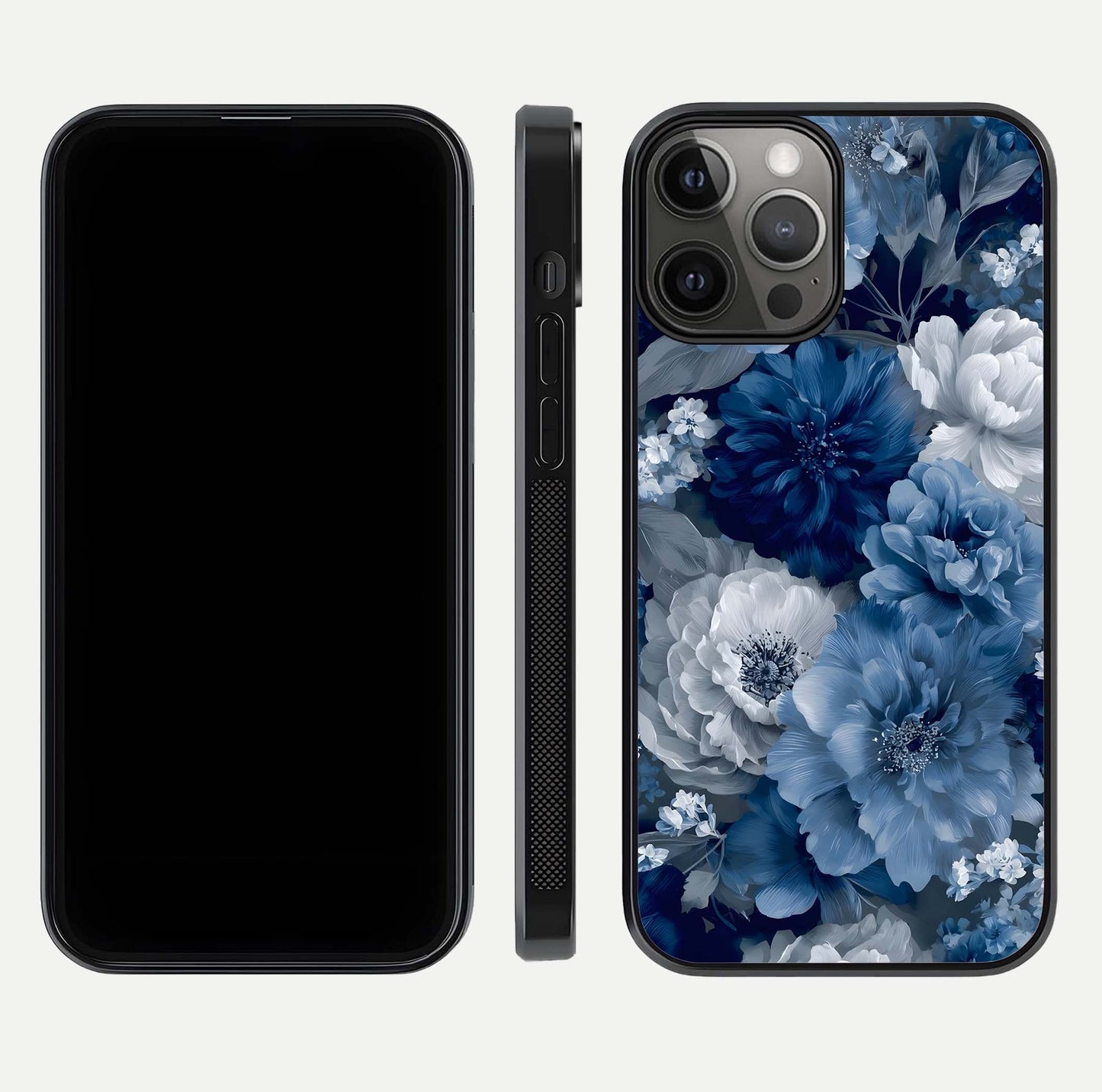 Royal Bloom Garden Glass Case for iPhone 12 Pro Max front & back layout showing soft tones and curved glass design