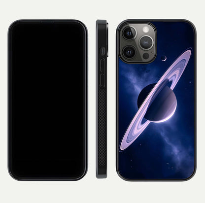 Saturn Ring Mystique Glass Case for iPhone 12 Pro Max front & back layout showing cosmic tones and edge glow