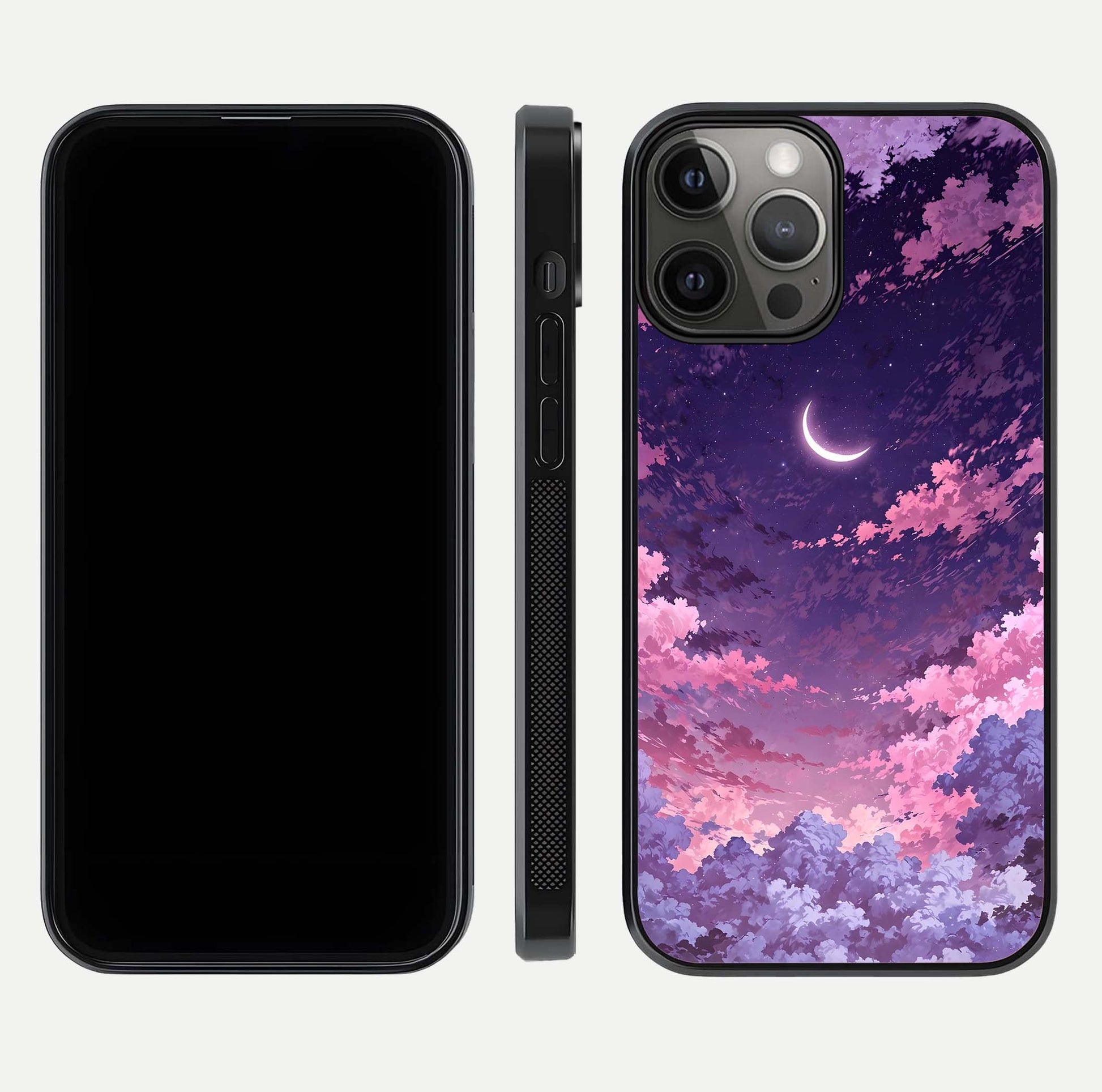 Sky Drift Clouds Glass Case for iPhone 12 Pro Max front & back layout showing sky tones and smooth edge design