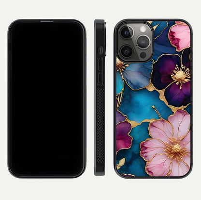 Sparkle Floral Glass Case for iPhone 12 Pro Max front & back layout showing floral print and edge clarity