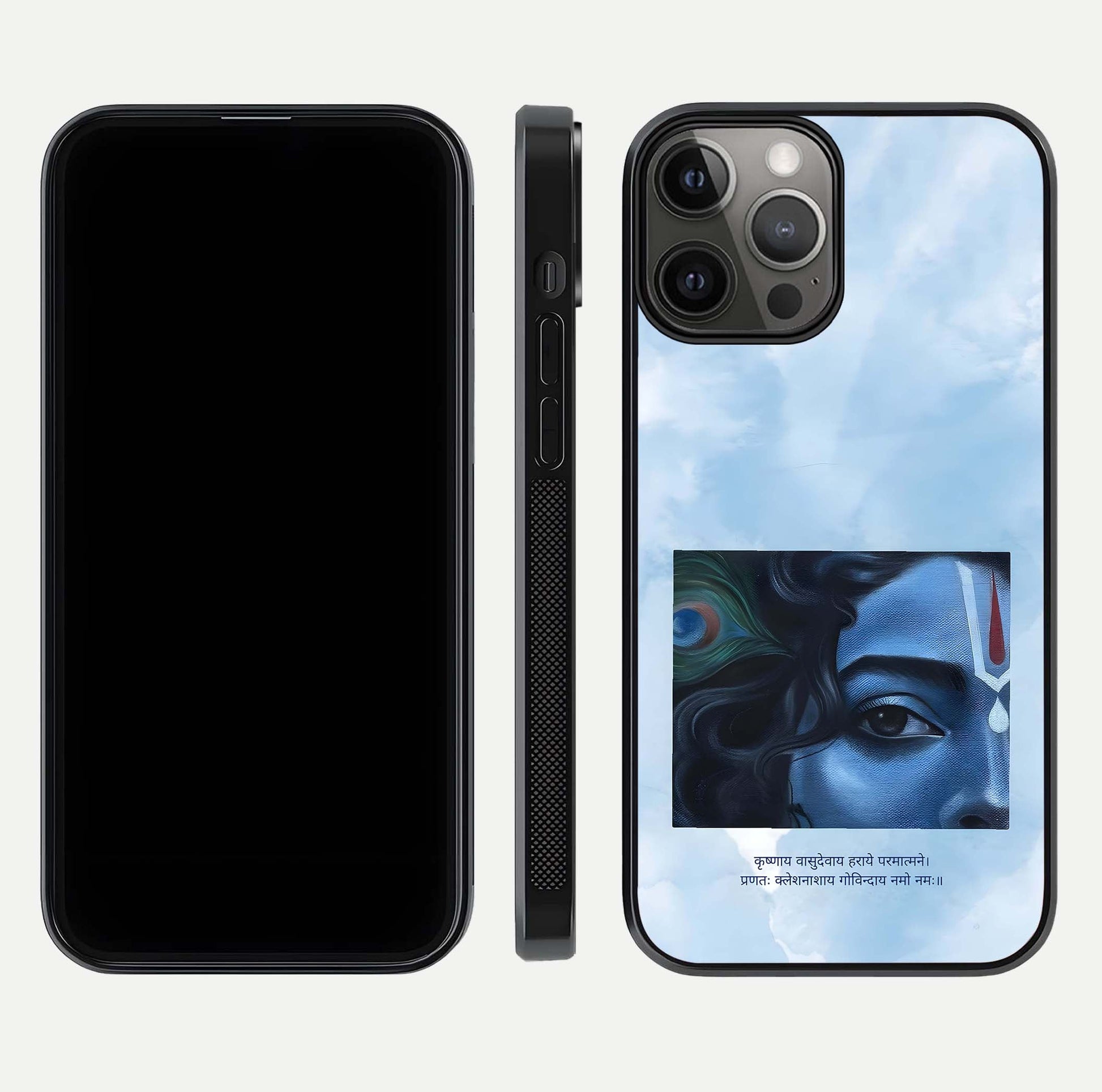 Spiritual Krishna Glass Case for iPhone 12 Pro Max front & back layout showing spiritual artwork and clean edge