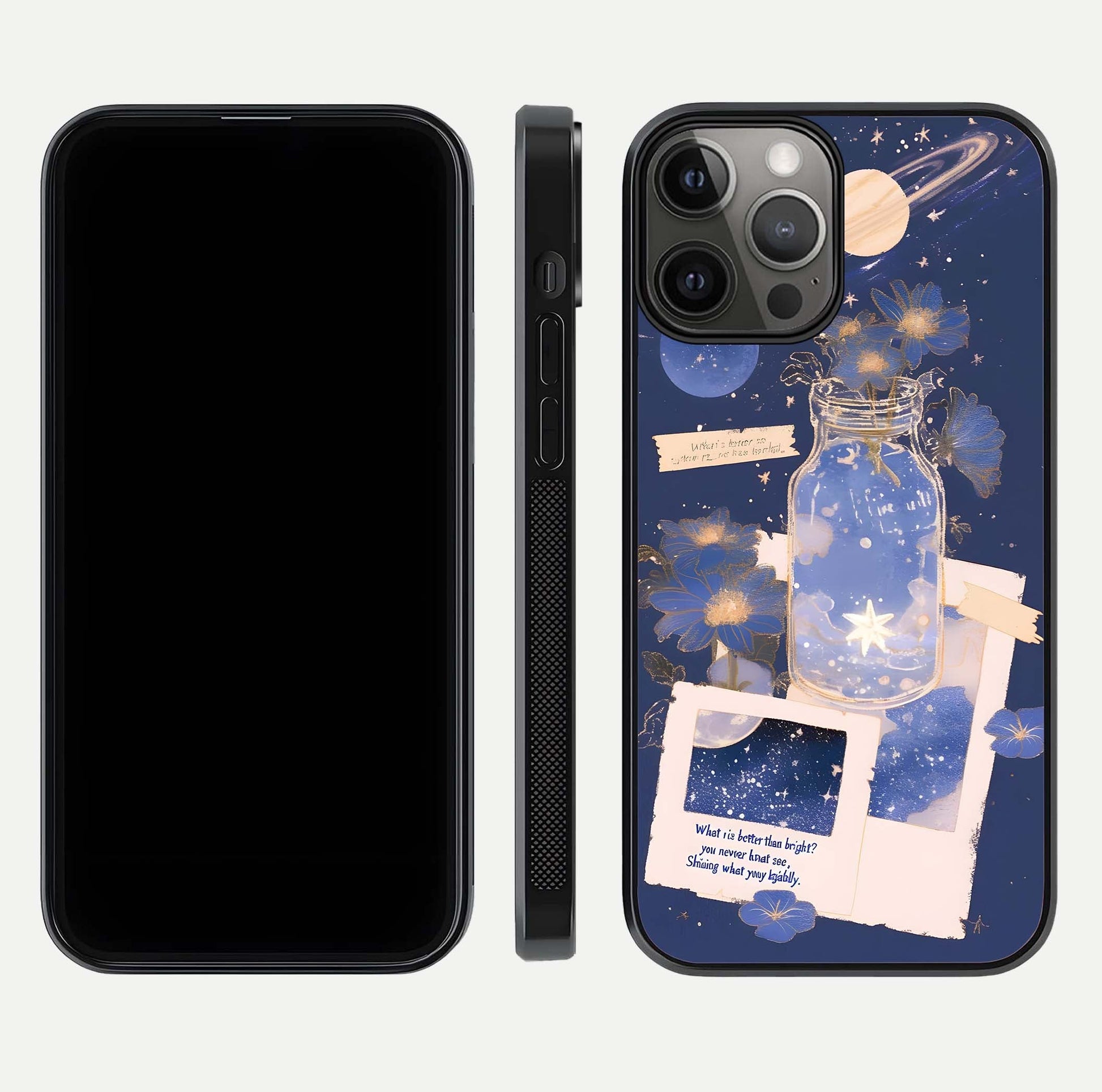 Starlit Cosmic Jar Glass Case for iPhone 12 Pro Max front & back layout showing cosmic pattern and curved glass edge