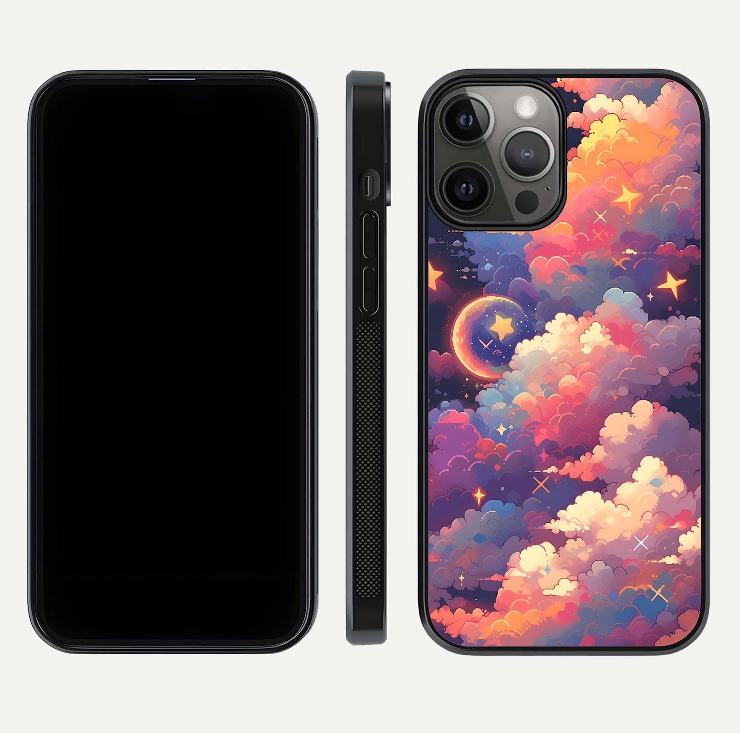 Starlit Dream Clouds Glass Case for iPhone 12 Pro Max front & back layout showing gradient tones and smooth edge