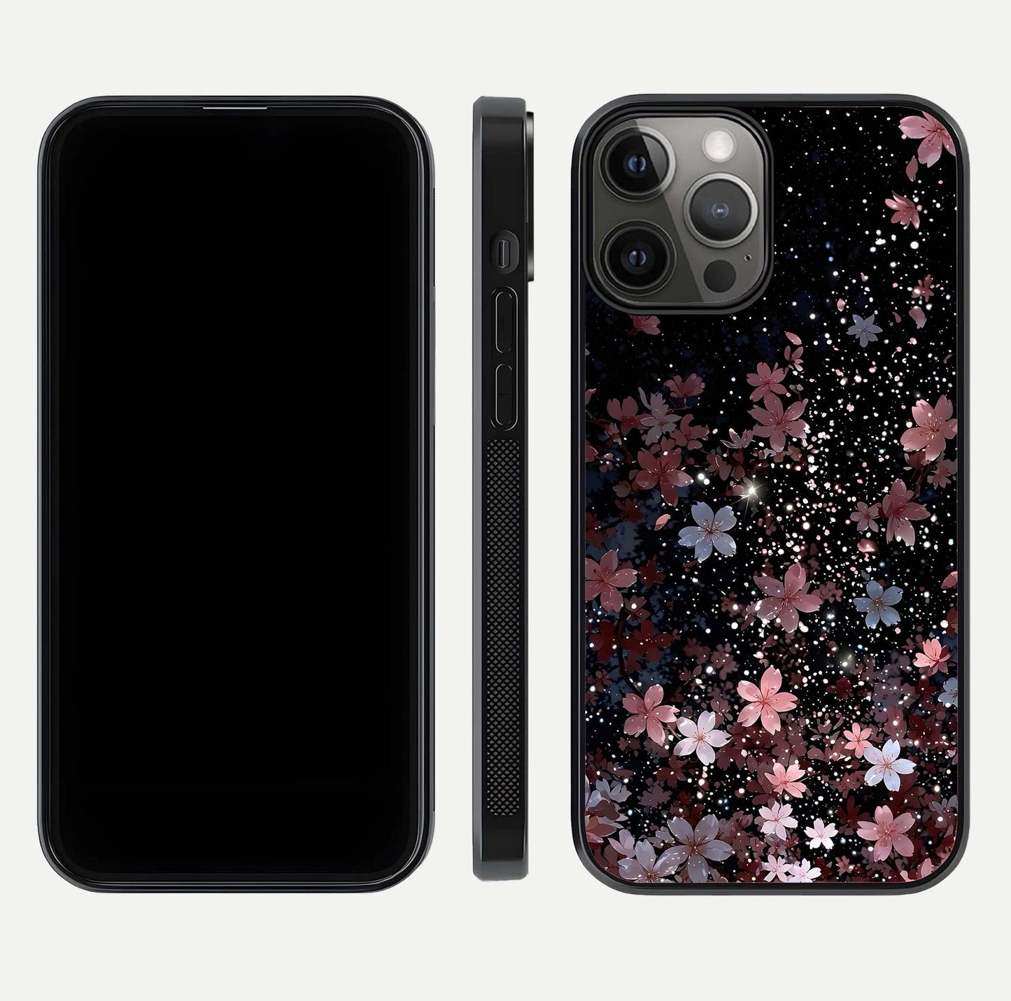 Starlit Flower Dreams Glass Case for iPhone 12 Pro Max front & back layout showing soft bloom design and curved edge