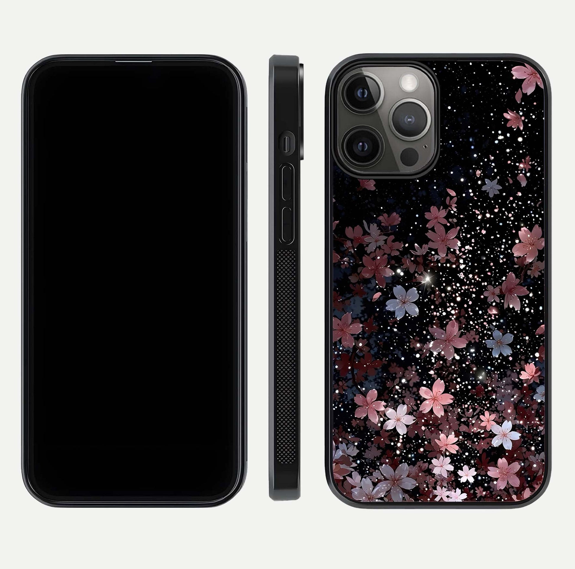 Starlit Flower Dreams Glass Case for iPhone 12 Pro Max front & back layout showing soft bloom design and curved edge