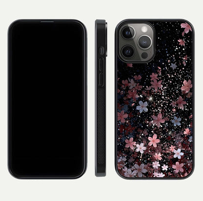 Starlit Flower Dreams Glass Case for iPhone 12 Pro Max front & back layout showing soft bloom design and curved edge