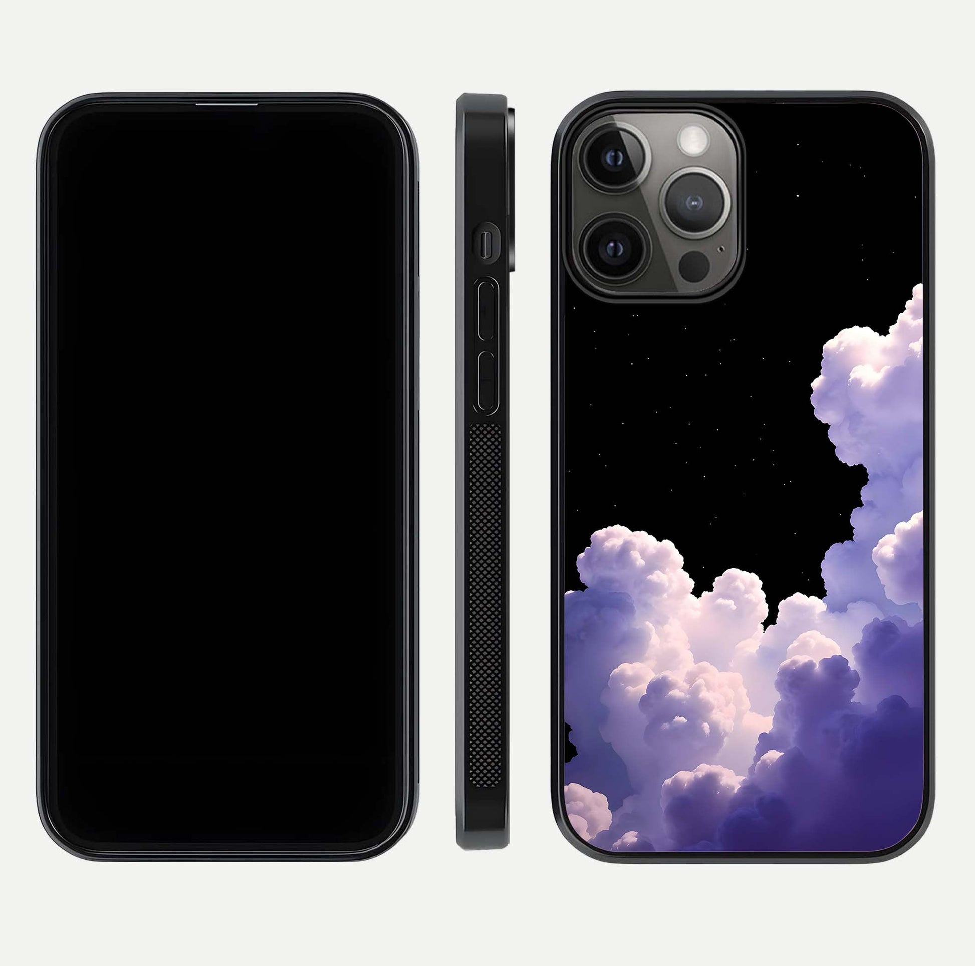 Starlit Night Whispers Glass Case for iPhone 12 Pro Max front & back layout showing moon tones and curved edges
