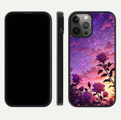 Starlit Rose Twilight Glass Case for iPhone 12 Pro Max front & back layout showing floral blend and glossy edge