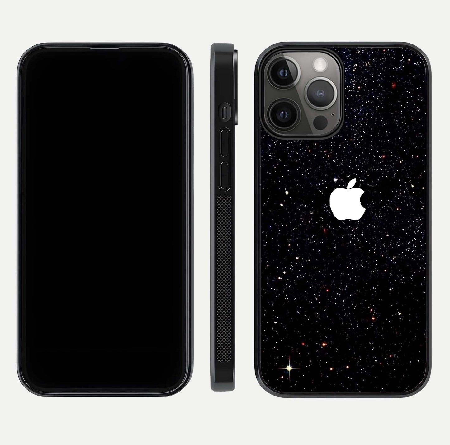 Starry Apple Galaxy Glass Case for iPhone 12 Pro Max front & back layout showing cosmic tones and sleek edge