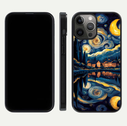 Starry Sky Serenity Glass Case for iPhone 12 Pro Max front & back layout showing stars and curved glass edges