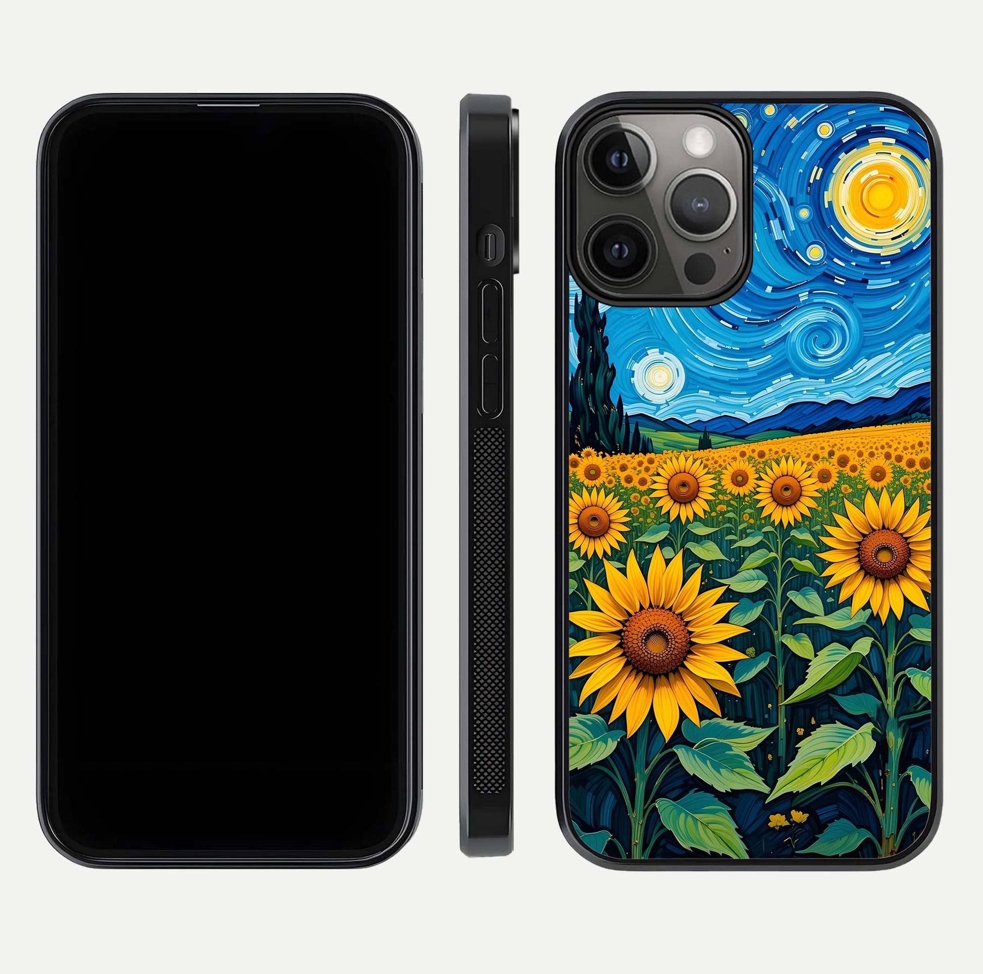 Starry Sunflower Dreams Glass Case for iPhone 12 Pro Max front & back layout showing floral blend and edge detail