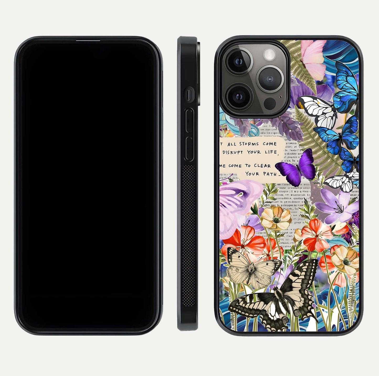 Storm Path Bloom Glass Case for iPhone 12 Pro Max front & back layout showing moody floral blend and edges