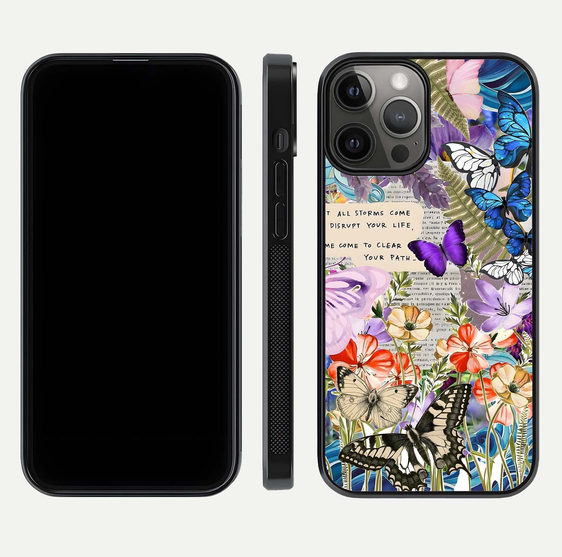 Storm Path Bloom Glass Case for iPhone 12 Pro Max front & back layout showing moody floral blend and edges