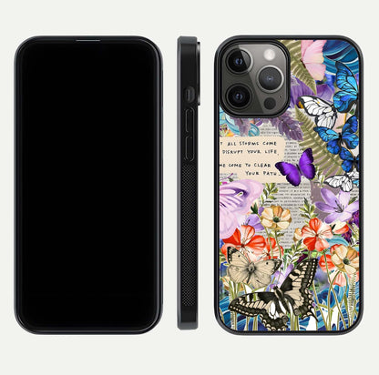 Storm Path Bloom Glass Case for iPhone 12 Pro Max front & back layout showing moody floral blend and edges