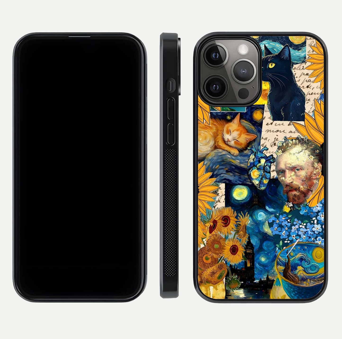 Sunflower Cat Art Glass Case for iPhone 12 Pro Max front & back layout showing detailed floral cat design and edges