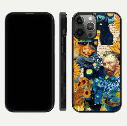 Sunflower Cat Art Glass Case for iPhone 12 Pro Max front & back layout showing detailed floral cat design and edges