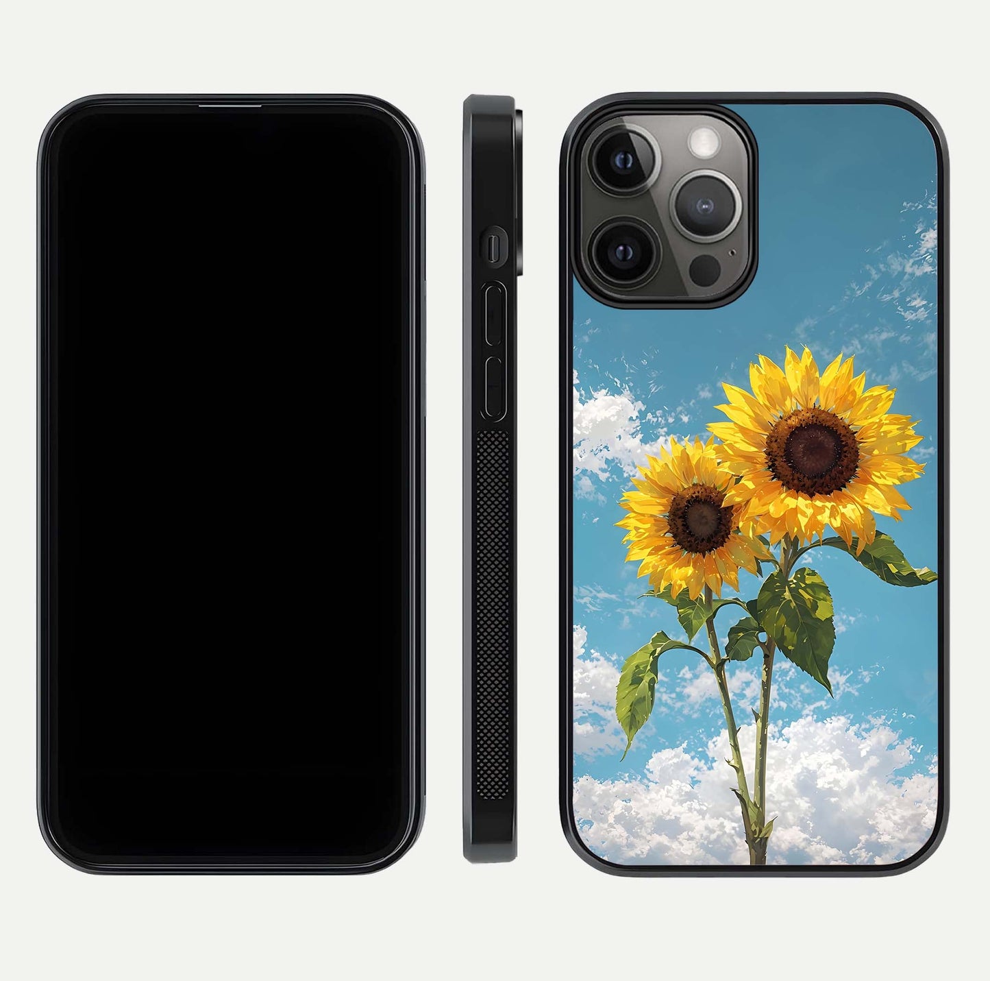 Sunflower Sky Bloom Glass Case for iPhone 12 Pro Max front & back layout showing soft blue tones and flower contrast